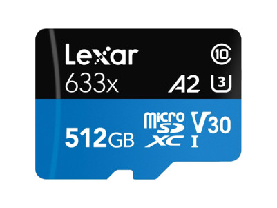 Lexar High-Performance 633x UHS-I MicroSDXC, 512 GB, Flash memory class 10, Black/Blue, Class: A2 V30 U3, 70 MB/s, 100 MB/s