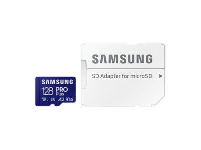 Samsung MicroSD Card with SD Adapter PRO Plus 128 GB, microSDXC Memory Card, Flash memory class U3, V30, A2, SD adapter