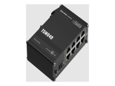 Teltonika TSW040 Unmanaged 8-port PoE+Industrial Switch, 2-pin industrial DC power socket, 7 57 VDC, PoE-out 44-57 VDC, DIN rail