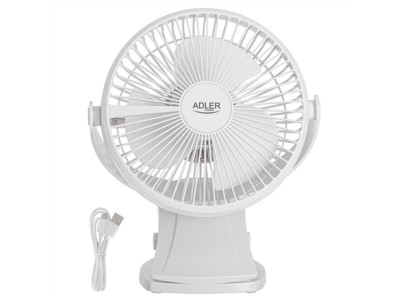 Adler Rechargeable Clip-on Desk Fan | AD 7342 | Table Fan | White | Diameter 15.5 cm | Number of speeds 3 | Oscillation | 5 W