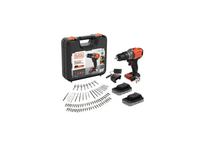 BLACK & DECKER 18V Impact Drill (with 2 x 18V 2.0Ah batteries with charge status indicator, 1A charger and 80 accessories) | BCD