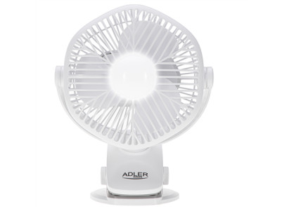 Adler Rechargeable fan with clip | AD 7335 | Table Fan | 6 W | Diameter 12.7 cm | Number of speeds 3 | Oscillation | White