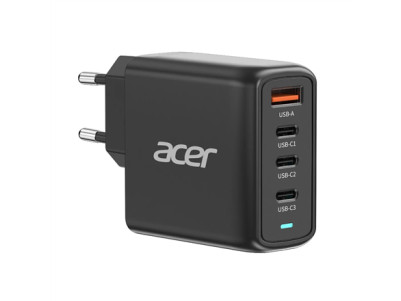 Acer 100W PD GaN Charger, 3 x USB C and 1 x USB A, EU Plug, 100W USB-C cable, Black, Retail Pack