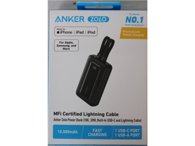 SALE OUT. | Anker Power Bank | A1680G11 | 10000 mAh | USB-C 30W, Lightning 27W | Built-In USB-C and Lightning Cables | Black | D